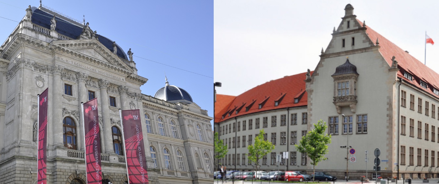 Two images of the maing buildings of the universities of TU Graz and Wroclaw Tech