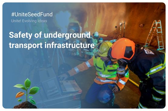 Promotiona image of the Unite! Seed Fund project with an image of engineers working in a tunnel